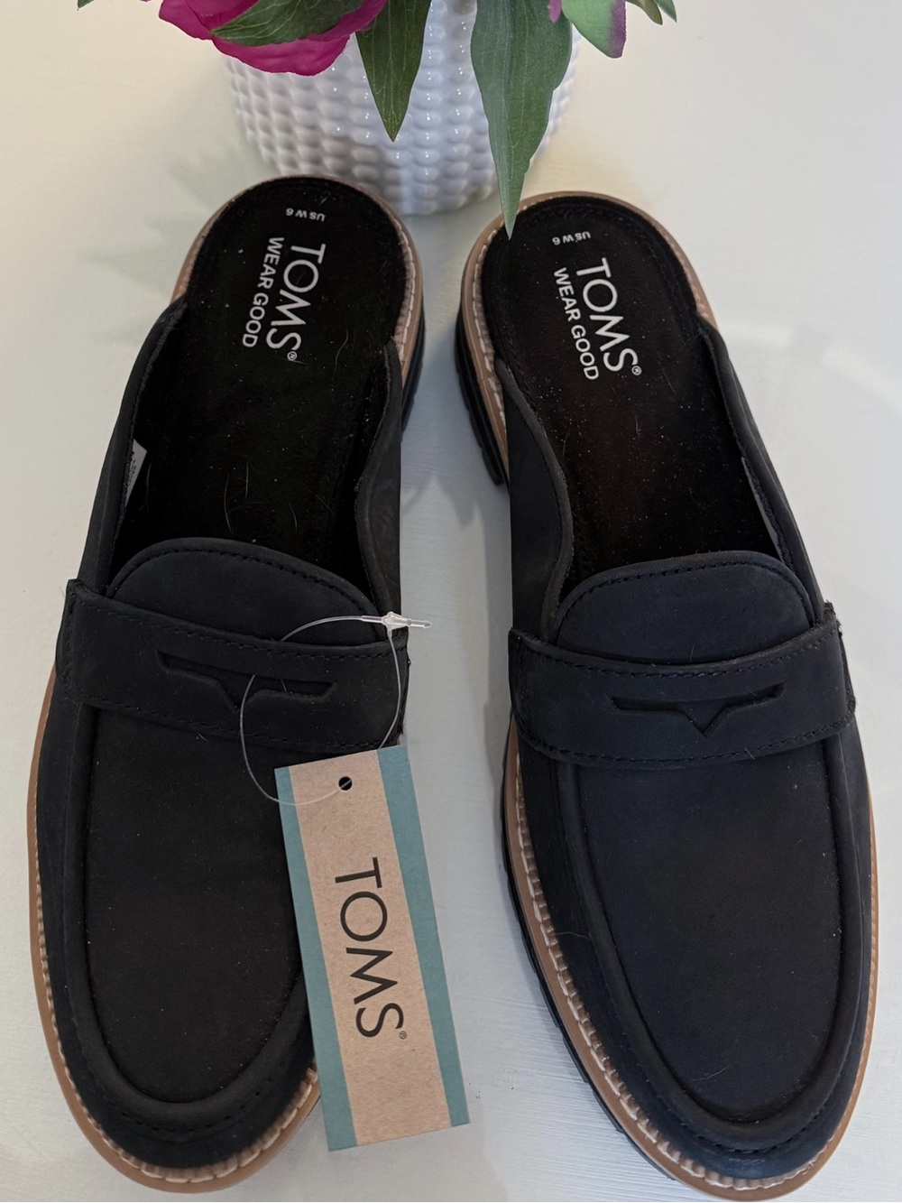 NWT Toms Cara Black Slip-On Mule Loafers with Brown Trim